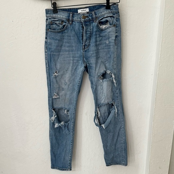 pistola Denim - Pistola Light Wash Distressed Button Fly High Waisted Straight Jeans Size 28